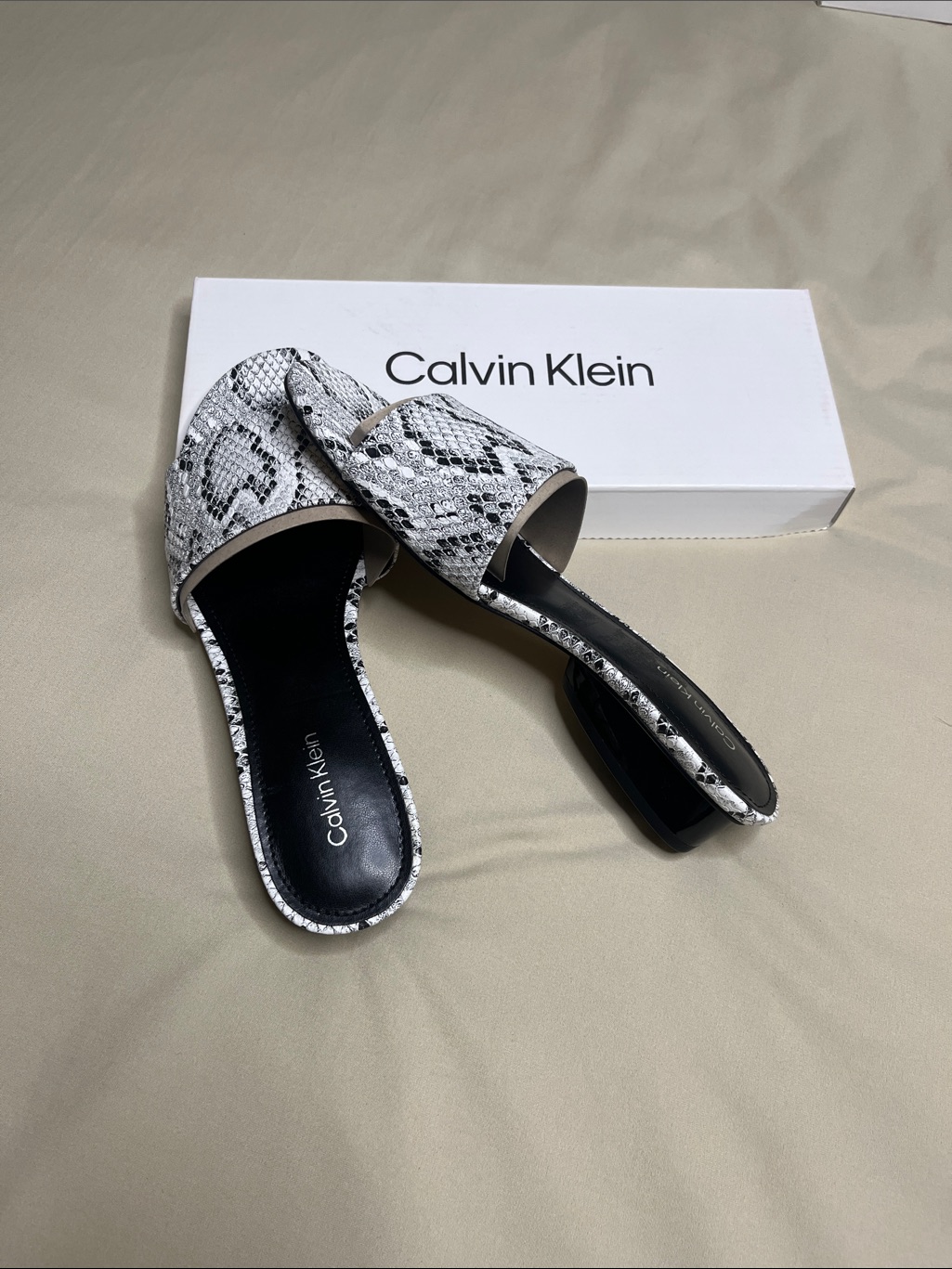 Calvin Klein Women's Black & White Snake-Print Slide Mules